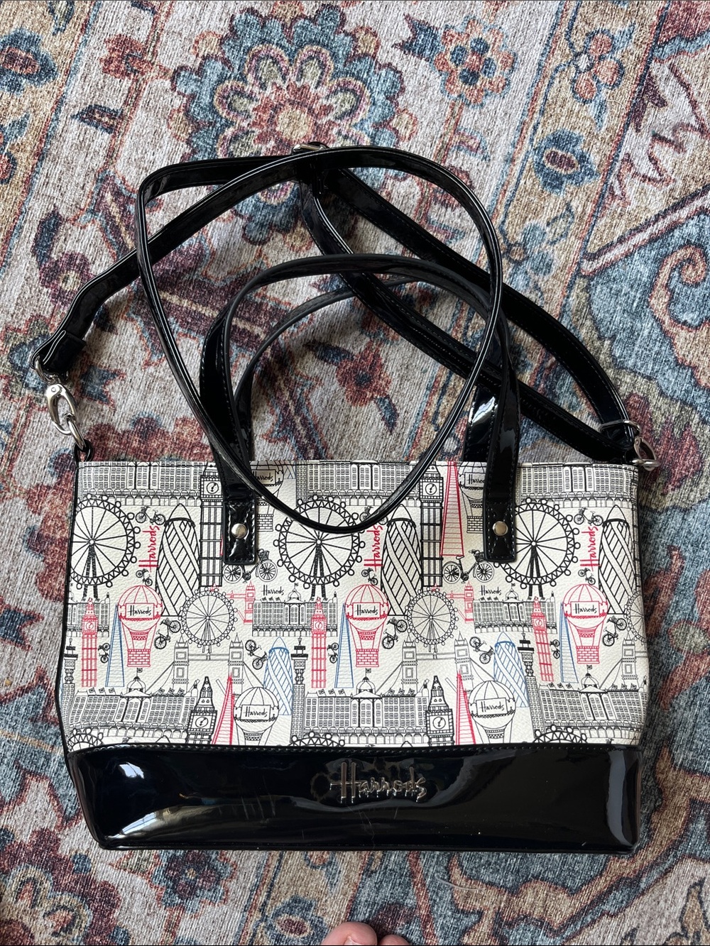 Harrods Black, Cream and Red London Landmark Print Crossbody Tote - Picture 10 of 11